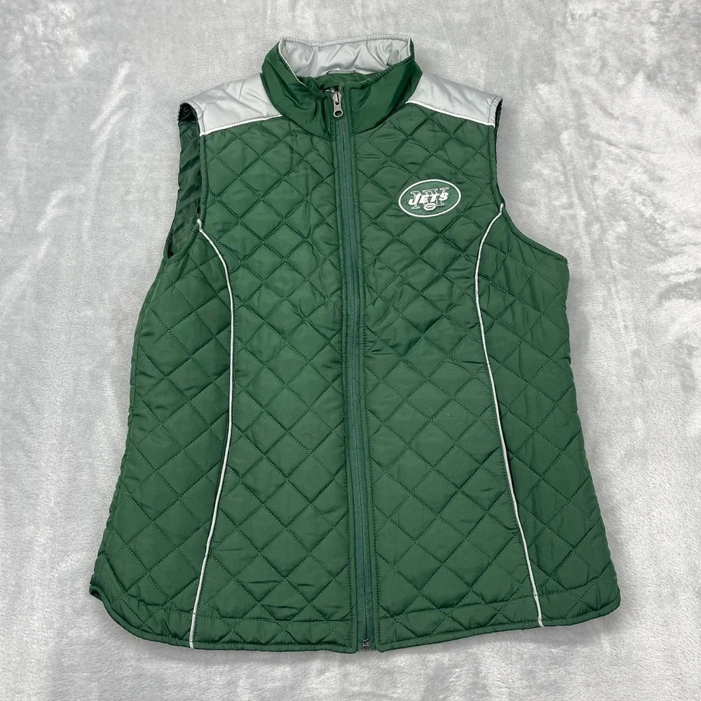 New York Jets Quilted Vest Womens Medium Green NFL Football Sports Full Zip‎
